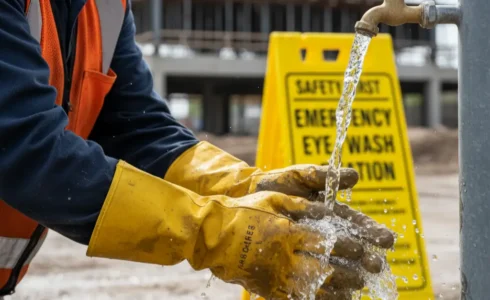 Construction worker rinsing cement off skin to treat cement burns