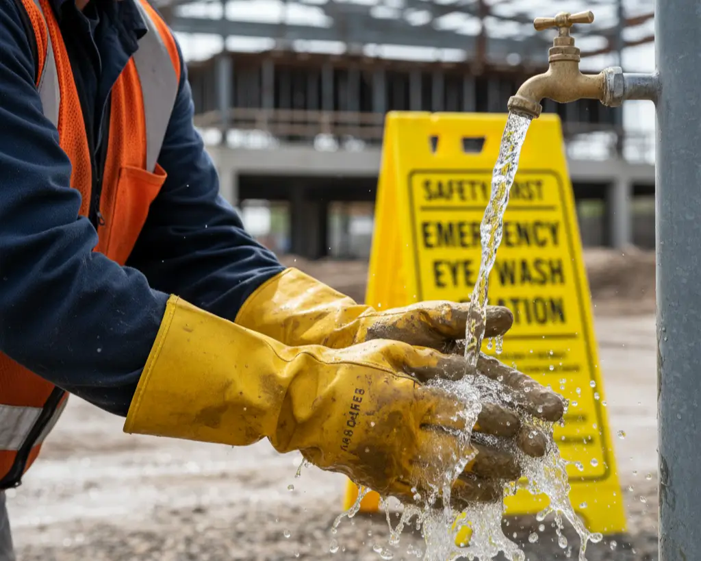Construction worker rinsing cement off skin to treat cement burns