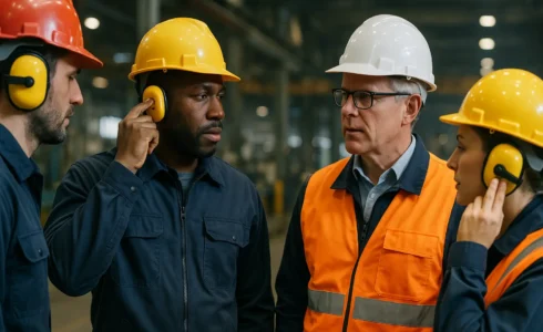 Workers wearing earmuffs and earplugs during National Protect Your Hearing Month 2025.
