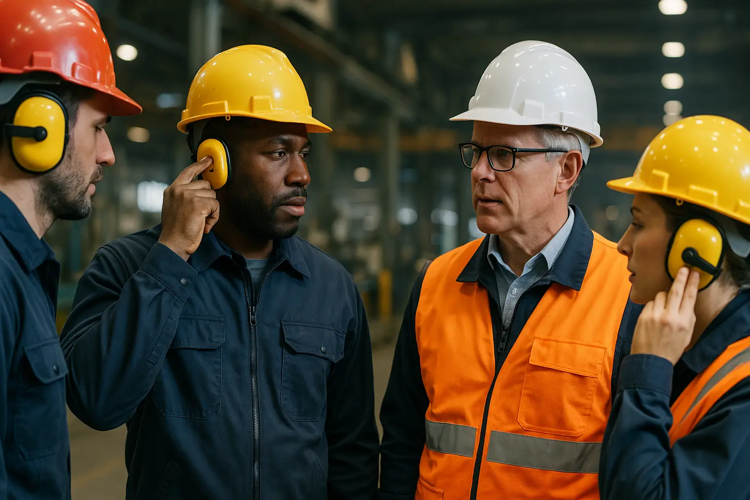 Workers wearing earmuffs and earplugs during National Protect Your Hearing Month 2025.
