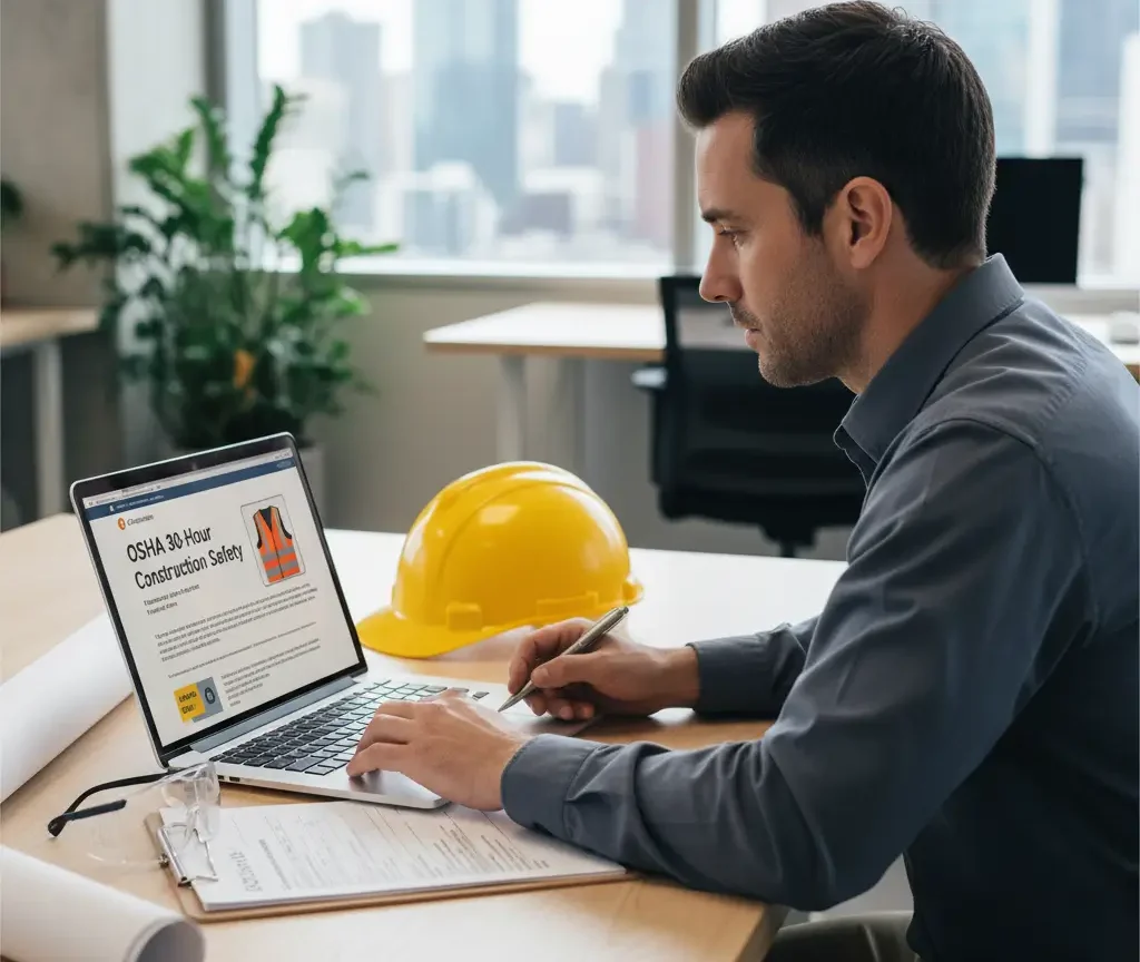Worker completing OSHA 10 or OSHA 30 online training.