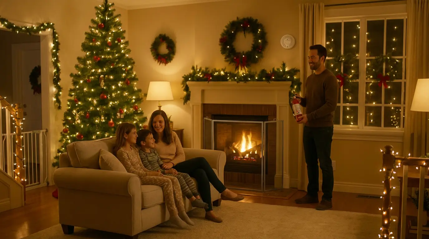 Holiday safety tips 2025 with festive home decorations.