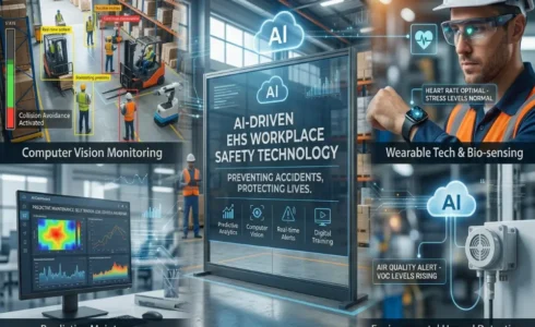 AI-powered safety monitoring system in a modern EHS workplace environment
