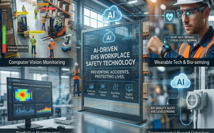 AI-powered safety monitoring system in a modern EHS workplace environment