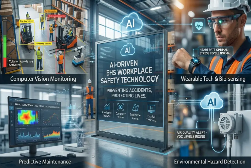 AI-powered safety monitoring system in a modern EHS workplace environment