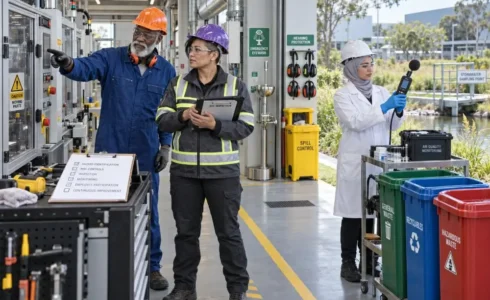 EHS team inspecting workplace machinery, employee health controls, air quality, and environmental management practices
