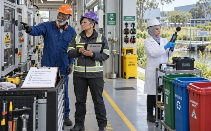 EHS team inspecting workplace machinery, employee health controls, air quality, and environmental management practices