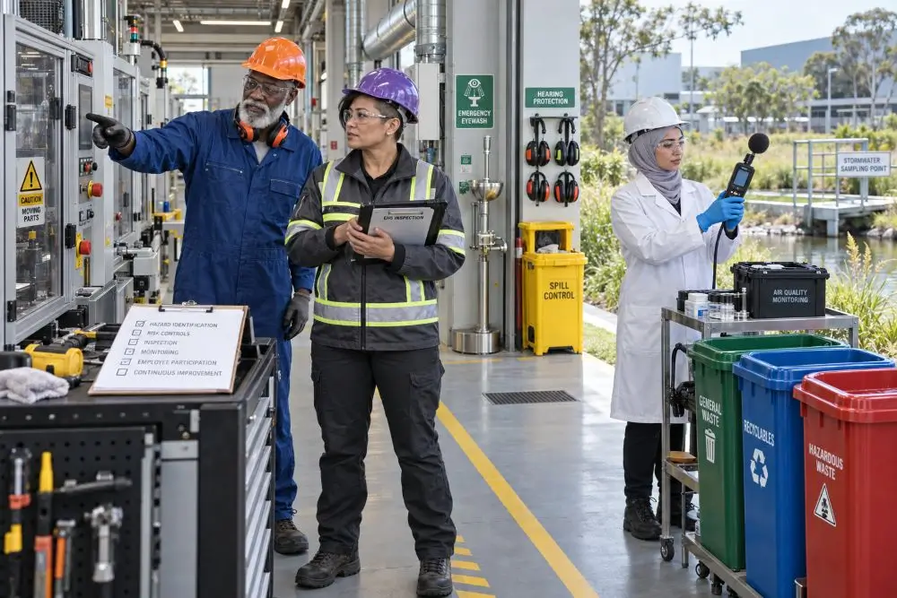 EHS team inspecting workplace machinery, employee health controls, air quality, and environmental management practices