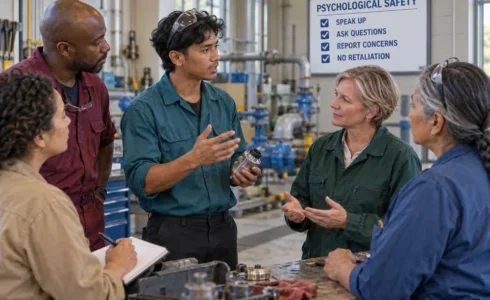 Employee openly discussing a workplace concern while a supervisor and coworkers listen respectfully