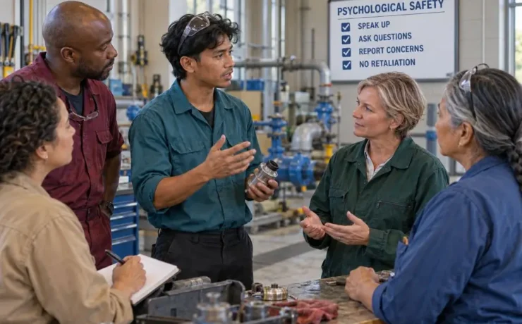 Employee openly discussing a workplace concern while a supervisor and coworkers listen respectfully