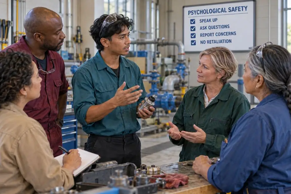 Employee openly discussing a workplace concern while a supervisor and coworkers listen respectfully